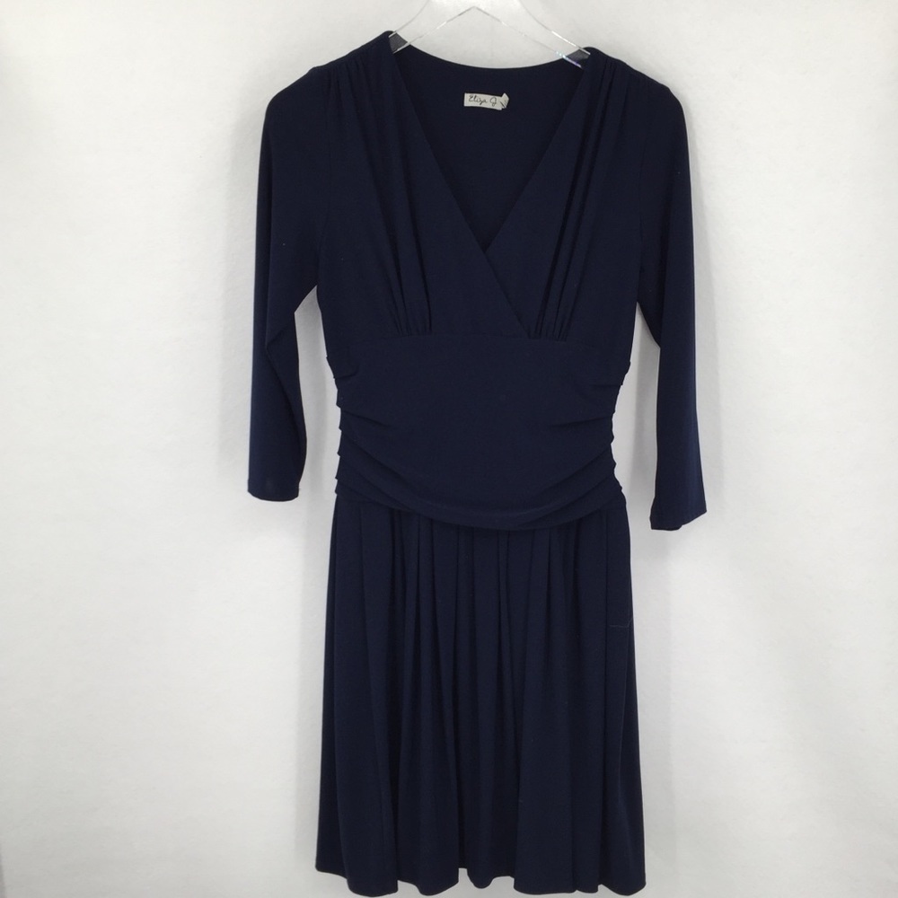 Eliza J navy blue knit jersey dress empire waist shift wide fit flare women 6